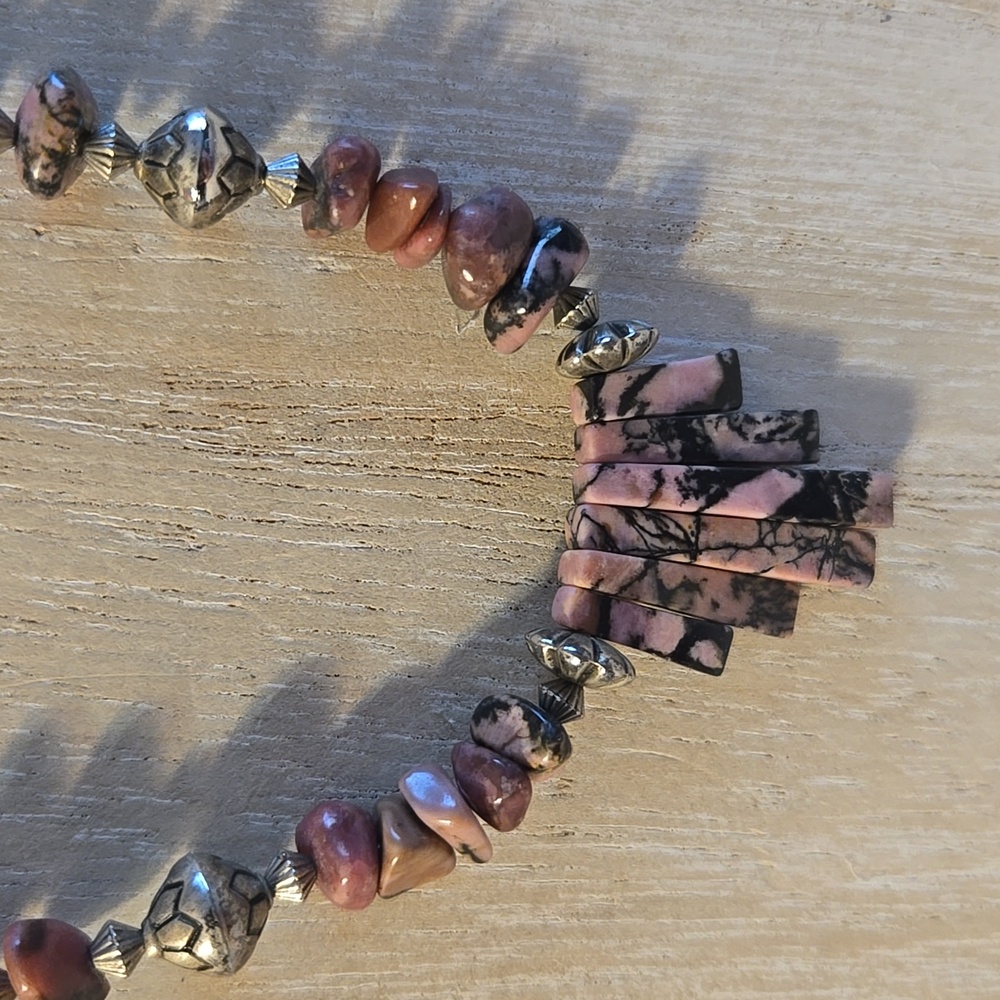 Pink & Black Rhodonite Pendant Liquid Silver 20" Assorted Silver Beads